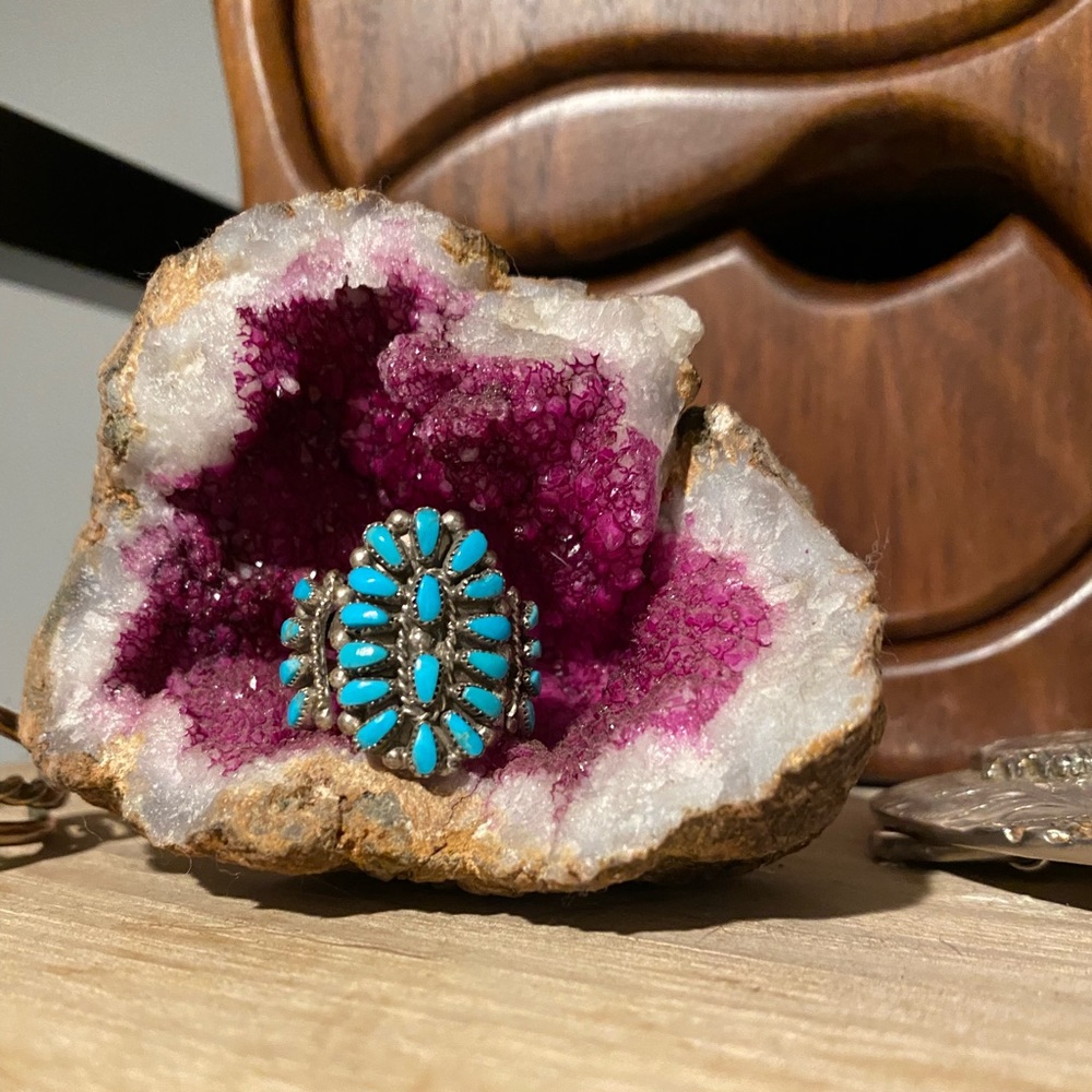 Native American Zuni turquoise blossom ring sterling silver size 6.5